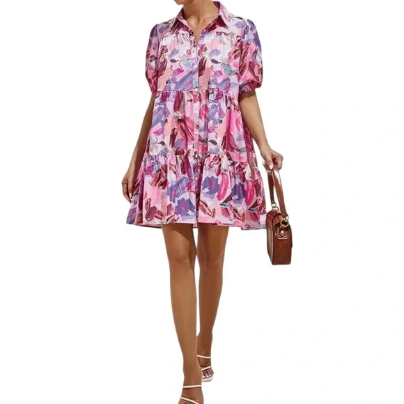 Pink multi colored Floral  Ruffle Hem Smock Dress,baby doll dress,Large,New - Picture 3 of 12